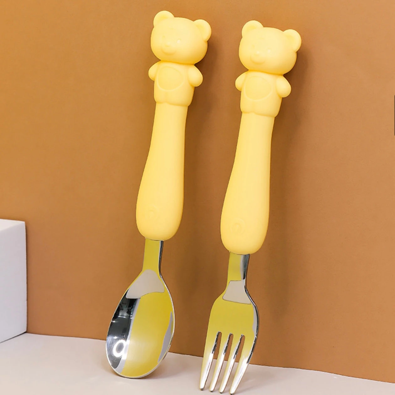 Soft Silicone Handle Stainless Steel Spoon & Fork Set (3+ Years Old) 3 Soft Silicone Handle Stainless Steel Spoon & Fork Set (3+ Years Old)