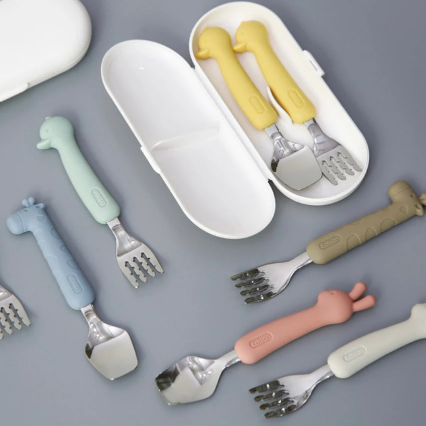 Silicone Handle Stainless Steel Spoon Fork Set With Case -Animals (2+ Years Old) 3 Silicone Handle Stainless Steel Spoon Fork Set With Case -Animals (2+ Years Old)