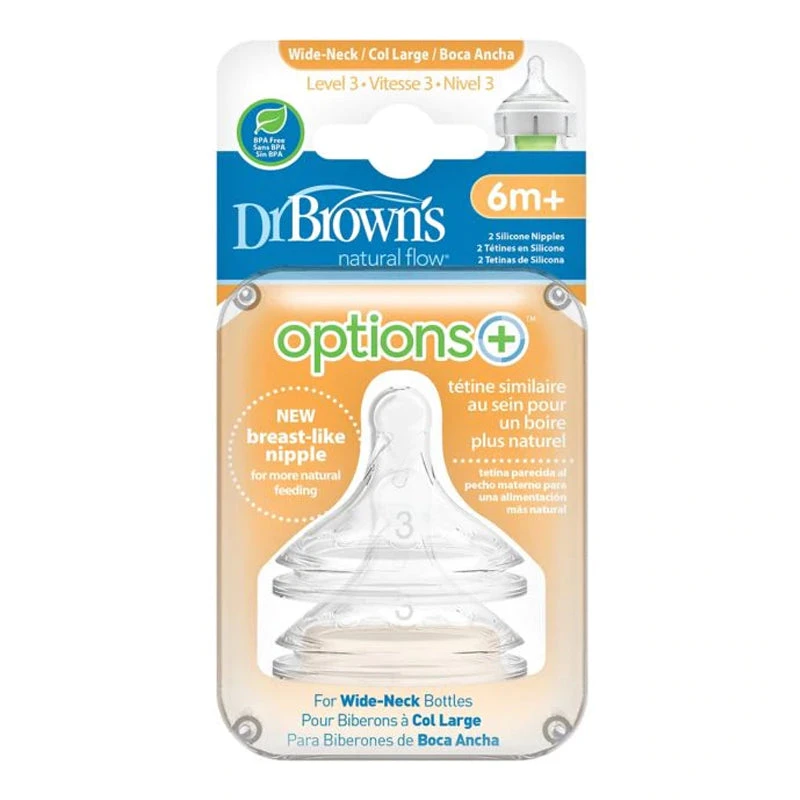 Dr. Brown's Options+ Natural Flow Wide-Neck Bottle Nipples Level 3 (6M+ Fast Flow) 2 Pack 3 Dr. Brown's Options+ Natural Flow Wide-Neck Bottle Nipples Level 3 (6M+ Fast Flow) 2 Pack